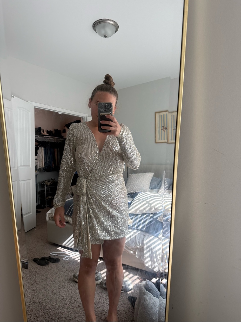 Rubber Ducky Productions, Inc. Silver Sequin Mini Wrap Dress